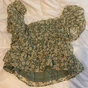 Green floral, off the shoulder shirt